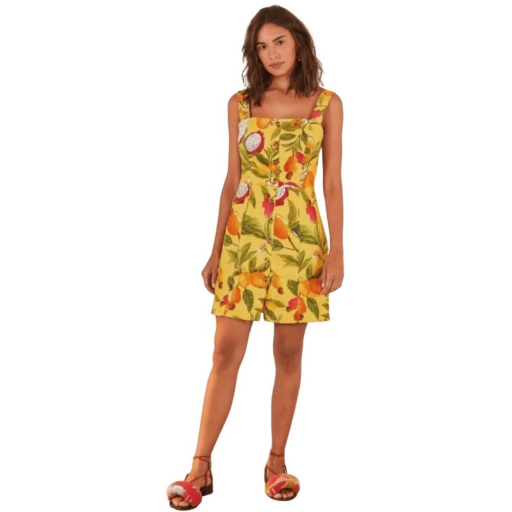 Farm Rio Fruit Lovers Mini Linen Dress Yellow Multicolor Print Size Medium New